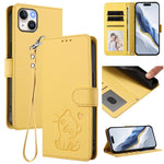 Embossed Heart Cat Leather Phone Case with Hand Strap, For iPhone 15, For iPhone 14 Plus, For iPhone 14 / 13, For iPhone 14 Pro