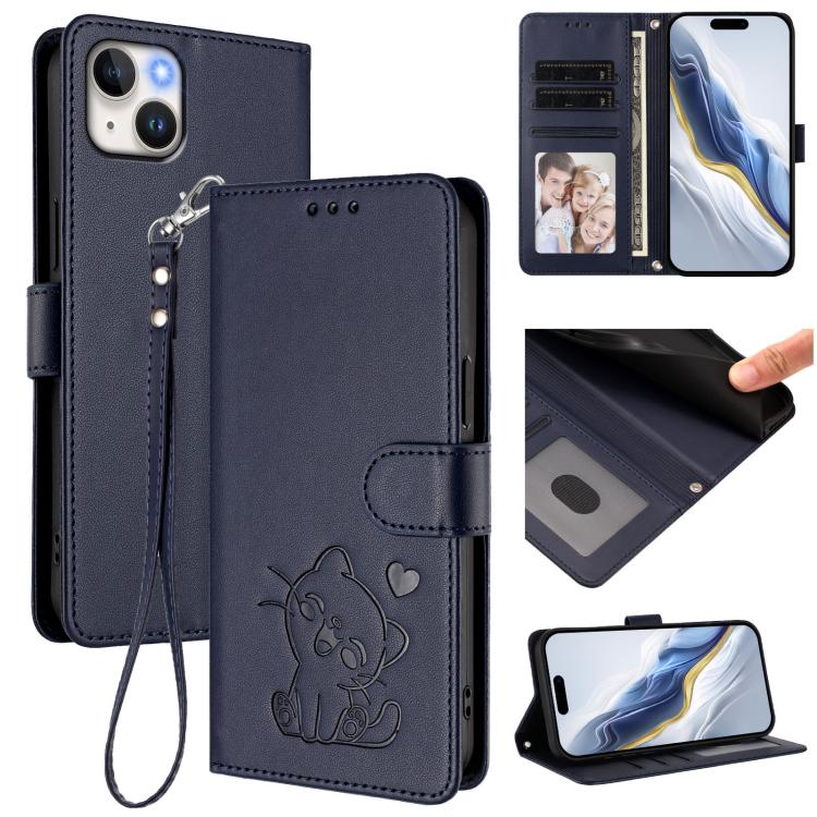 Embossed Heart Cat Leather Phone Case with Hand Strap, For iPhone 15, For iPhone 14 Plus, For iPhone 14 / 13, For iPhone 14 Pro