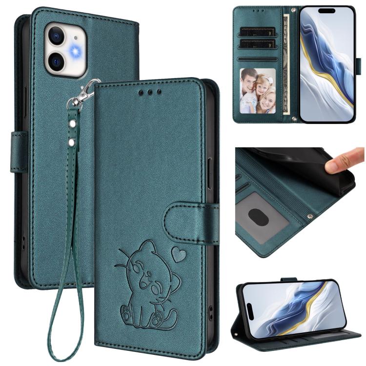 Embossed Heart Cat Leather Phone Case with Hand Strap, For iPhone 11 Pro Max, For iPhone 11, For iPhone 11 Pro, For iPhone X / XS