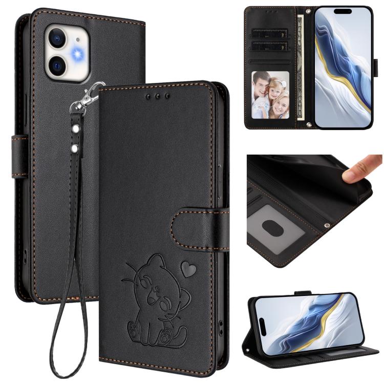 Embossed Heart Cat Leather Phone Case with Hand Strap, For iPhone 11 Pro Max, For iPhone 11, For iPhone 11 Pro, For iPhone X / XS