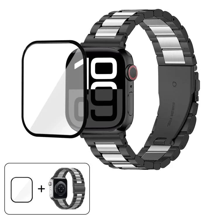 Three Beads Stainless Steel Watch Band with 3D Curved Film, For Apple Watch Series 10 46mm, For Apple Watch Series 10 42mm, For Apple Watch Series 44mm, For Apple Watch Series 40mm
