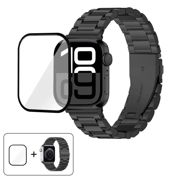 Three Beads Stainless Steel Watch Band with 3D Curved Film, For Apple Watch Ultra 2 / 1 49mm, For Apple Watch Series 45mm, For Apple Watch Series 41mm, For Apple Watch Series 38mm