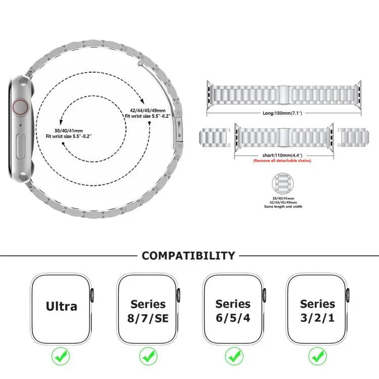 Three Beads Stainless Steel Watch Band with 3D Curved Film, For Apple Watch Series 10 46mm, For Apple Watch Series 10 42mm, For Apple Watch Series 44mm, For Apple Watch Series 40mm