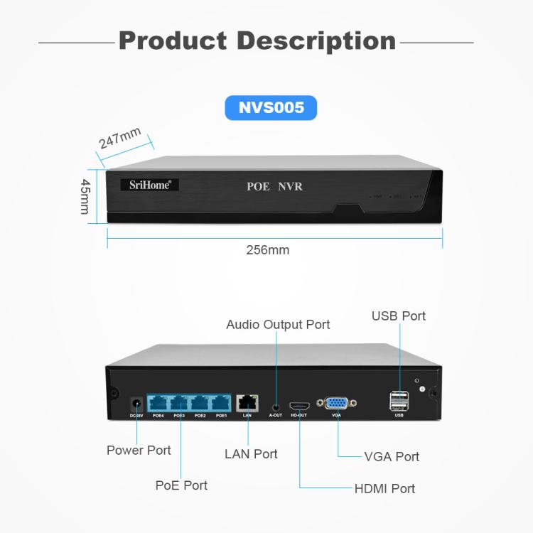 SriHome NVS005-POE065 5MP HD 4-CH POE Camera Network Video Recorder Kit, 5MP 4-CH
