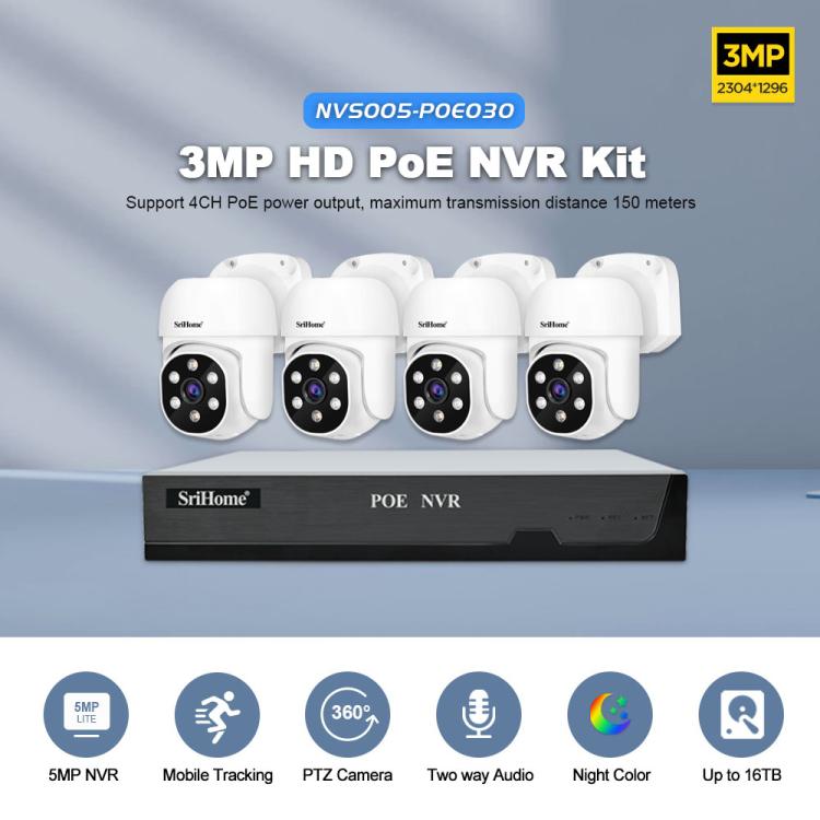 SriHome NVS005-POE030 3MP HD 4-CH POE Camera Network Video Recorder Kit, 3MP 4-CH