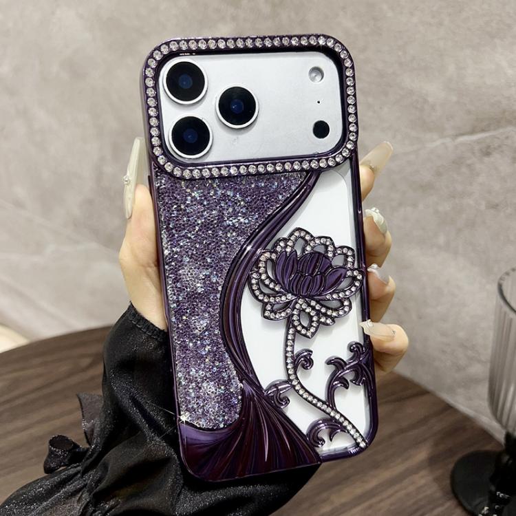 Electroplated TPU Lotus Hollow-carved  Rhinestone Glitter Phone Case, For iPhone 18, For iPhone 18 Pro, For iPhone 18 Pro Max, For iPhone 17 Pro Max, For iPhone 17 Pro, For iPhone 17, For iPhone 16 Pro Max, For iPhone 16 Pro