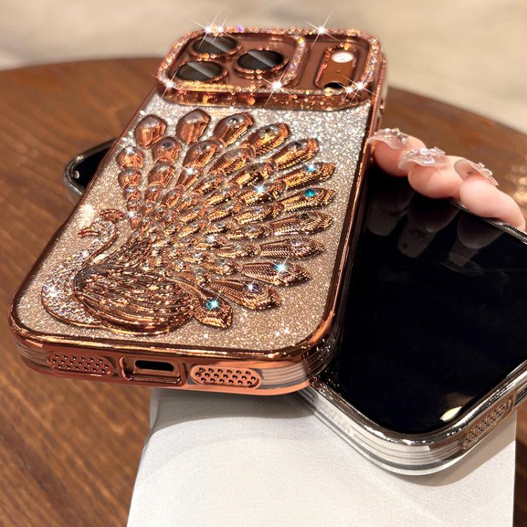 Electroplated TPU Peacock Relief Rhinestone Glitter Phone Case with Lens Film, For iPhone 17 Pro Max, For iPhone 17 Pro, For iPhone 17, For iPhone 16 Pro Max, For iPhone 16 Pro, For iPhone 16 Plus, For iPhone 16, For iPhone 15 Pro Max