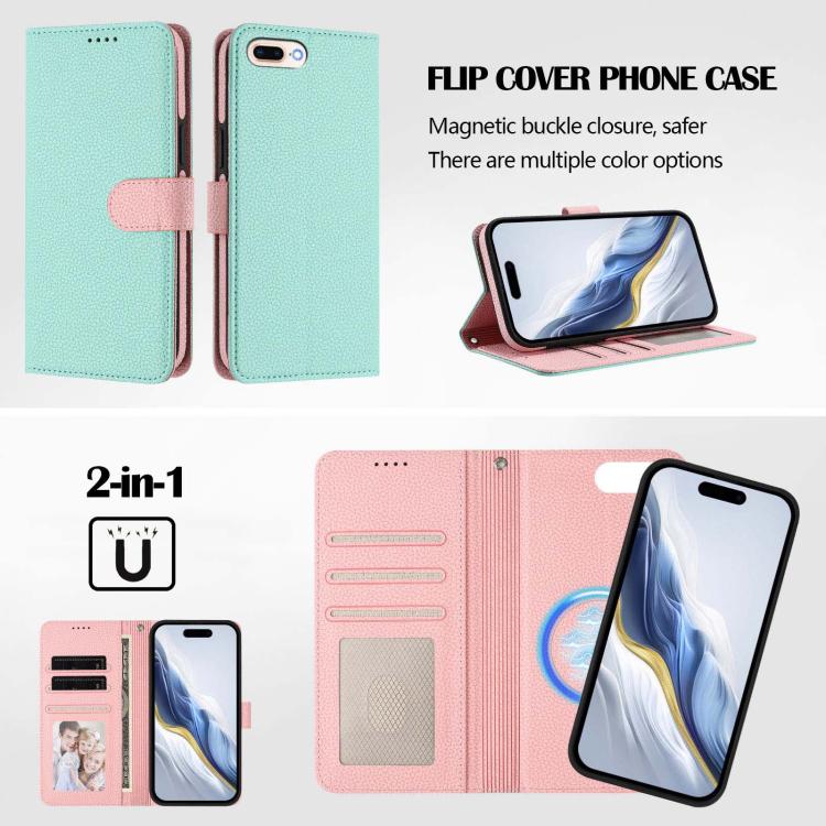 Detachable Litchi Texture Magnetic Side-Patch Vegan Leather Phone Case, For iPhone 8 Plus / 7 Plus