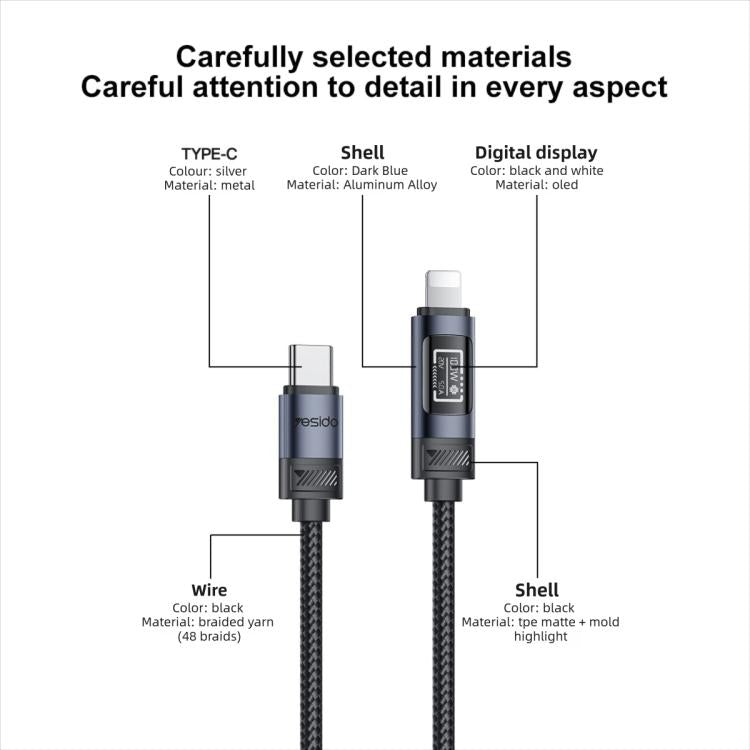 Yesido CA201 27W Type-C to 8 Pin OLED Display Charging Data Cable, Type-C to 8 Pin