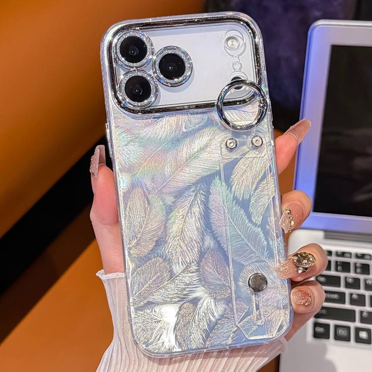 Plating Feather Texture Wristband Holder TPU Phone Case with Lens Film, For iPhone 13