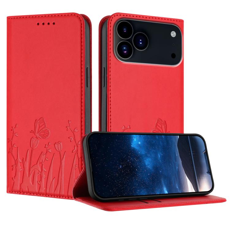 Tulips Butterfly Pattern Magnetic Vegan Leather Phone Case, For iPhone 17e / 16e, For iPhone 17 Pro Max, For iPhone 17 Pro, For iPhone 17