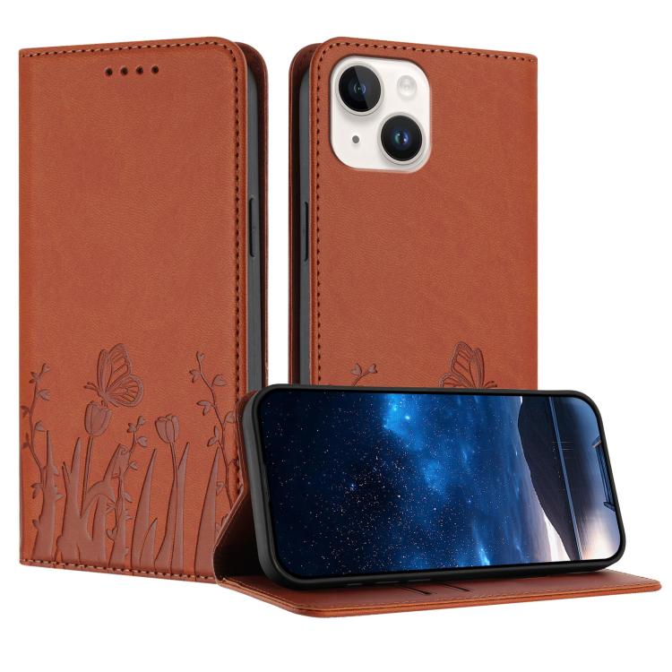 Tulips Butterfly Pattern Magnetic Vegan Leather Phone Case, For iPhone 15, For iPhone 14 Plus, For iPhone 14, For iPhone 14 Pro
