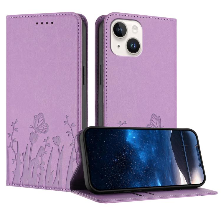 Tulips Butterfly Pattern Magnetic Vegan Leather Phone Case, For iPhone 15, For iPhone 14 Plus, For iPhone 14, For iPhone 14 Pro