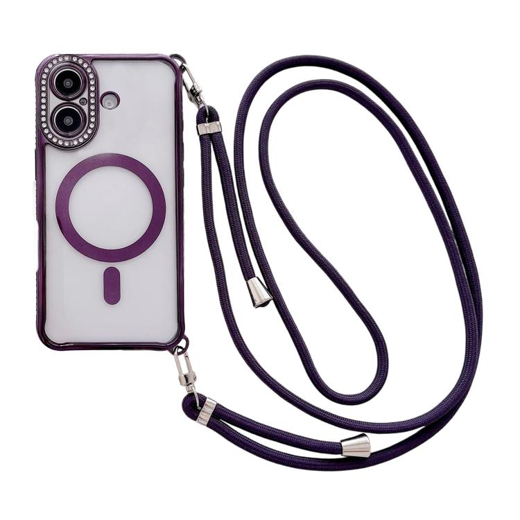 Rhinestone Clear Acrylic Electroplated Magnetic Phone Case with Right-Side Crossbody Lanyard, For iPhone 17 Pro Max, For iPhone 17 Pro, For iPhone 17, For iPhone Air, For iPhone 16 Pro Max, For iPhone 16 Pro, For iPhone 16 Plus, For iPhone 16          ...