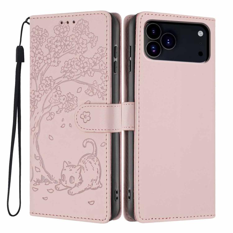 Tree Cat Embossed Flip Vegan Leather Phone Case, For iPhone 17e / 16e, For iPhone 17 Pro Max, For iPhone 17 Pro, For iPhone 17, For iPhone Air, For iPhone 16 Pro Max