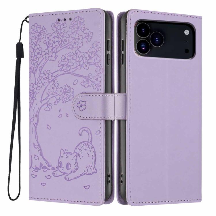Tree Cat Embossed Flip Vegan Leather Phone Case, For iPhone 17e / 16e, For iPhone 17 Pro Max, For iPhone 17 Pro, For iPhone 17, For iPhone Air, For iPhone 16 Pro Max