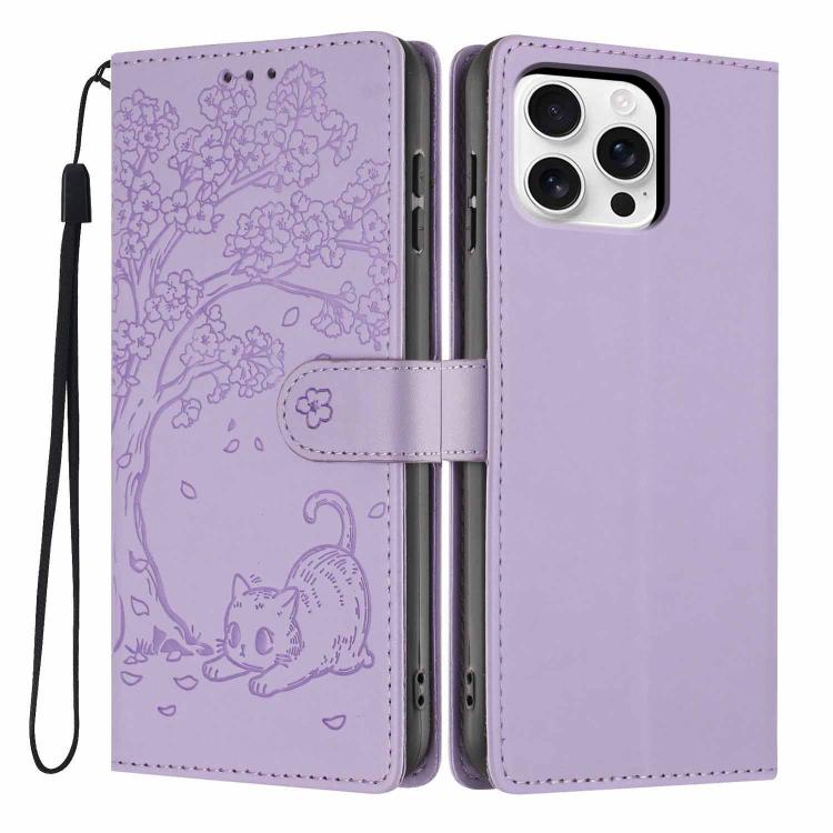 Tree Cat Embossed Flip Vegan Leather Phone Case, For iPhone 17e / 16e, For iPhone 17 Pro Max, For iPhone 17 Pro, For iPhone 17, For iPhone Air, For iPhone 16 Pro Max