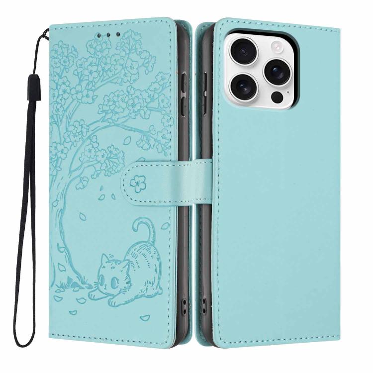 Tree Cat Embossed Flip Vegan Leather Phone Case, For iPhone 16 Pro, For iPhone 16 Plus, For iPhone 16, For iPhone 15 Pro Max, For iPhone 15 Pro, For iPhone 15 Plus