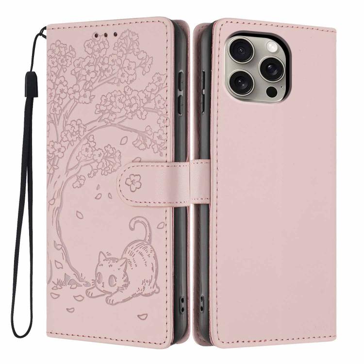Tree Cat Embossed Flip Vegan Leather Phone Case, For iPhone 16 Pro, For iPhone 16 Plus, For iPhone 16, For iPhone 15 Pro Max, For iPhone 15 Pro, For iPhone 15 Plus