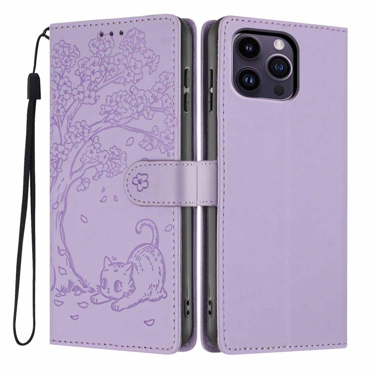 Tree Cat Embossed Flip Vegan Leather Phone Case, For iPhone 13 Pro, For iPhone 13, For iPhone 12 Pro Max, For iPhone 12 / 12 Pro, For iPhone 11 Pro Max, For iPhone 11