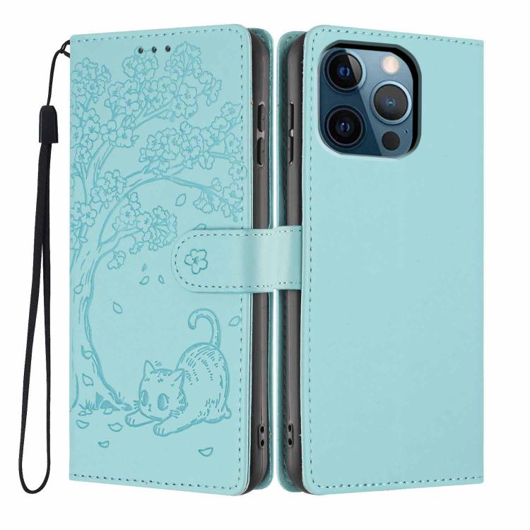 Tree Cat Embossed Flip Vegan Leather Phone Case, For iPhone 13 Pro, For iPhone 13, For iPhone 12 Pro Max, For iPhone 12 / 12 Pro, For iPhone 11 Pro Max, For iPhone 11