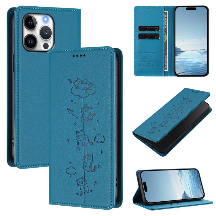 Cute Cats Embossed Magnetic RFID Vegan Leather Phone Case, For iPhone 15, For iPhone 14 Plus, For iPhone 14 / 13, For iPhone 14 Pro