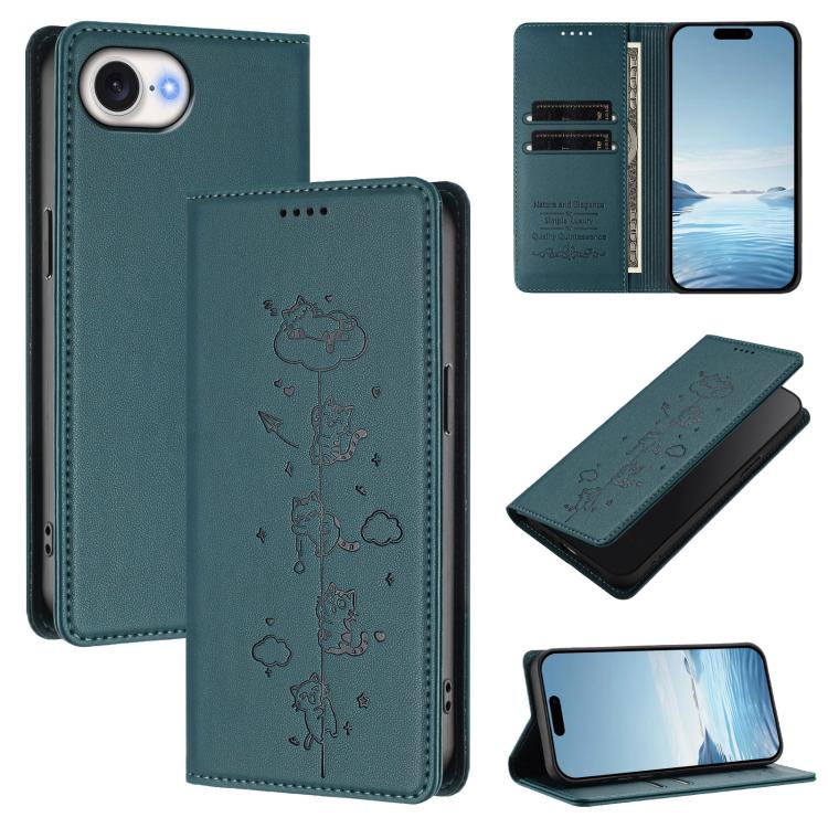Cute Cats Embossed Magnetic RFID Vegan Leather Phone Case, For iPhone 17e / 16e, For iPhone 17 Pro Max, For iPhone 17 Pro, For iPhone 17