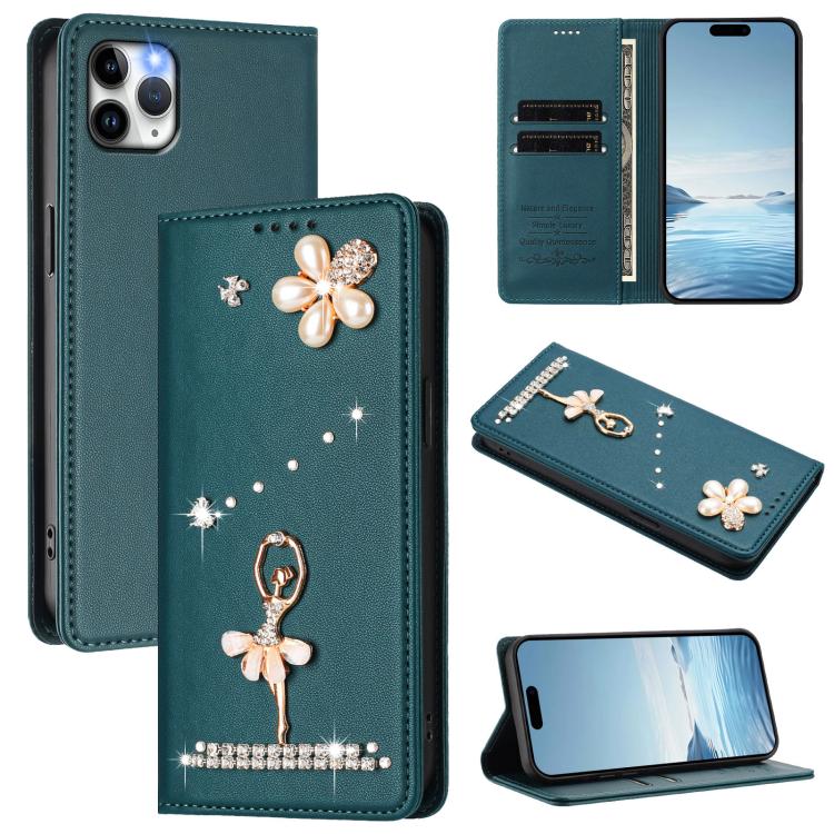 Ballet Girl Diamond Studded RFID Vegan Leather Phone Case, For iPhone 13 Pro, For iPhone 12 / 12 Pro, For iPhone 12 Pro Max, For iPhone 11 Pro Max, For iPhone 11, For iPhone 11 Pro