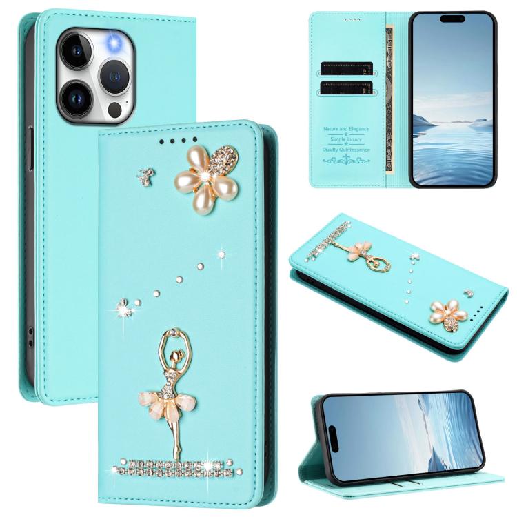 Ballet Girl Diamond Studded RFID Vegan Leather Phone Case, For iPhone 13 Pro, For iPhone 12 / 12 Pro, For iPhone 12 Pro Max, For iPhone 11 Pro Max, For iPhone 11, For iPhone 11 Pro