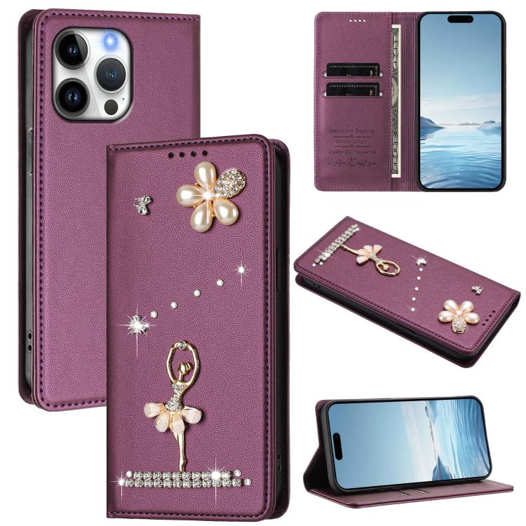 Ballet Girl Diamond Studded RFID Vegan Leather Phone Case, For iPhone 17e / 16e, For iPhone 17 Pro Max, For iPhone 17 Pro, For iPhone 17, For iPhone Air, For iPhone 16 Pro Max