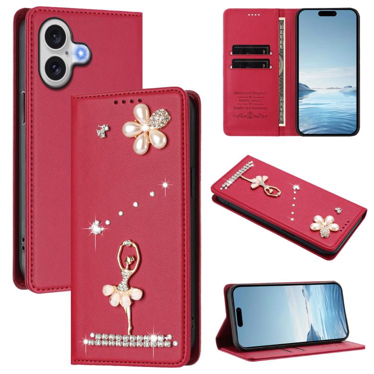 Ballet Girl Diamond Studded RFID Vegan Leather Phone Case, For iPhone 17e / 16e, For iPhone 17 Pro Max, For iPhone 17 Pro, For iPhone 17, For iPhone Air, For iPhone 16 Pro Max