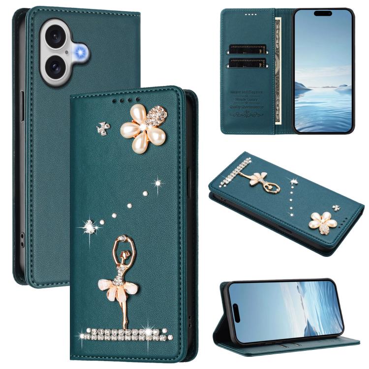 Ballet Girl Diamond Studded RFID Vegan Leather Phone Case, For iPhone 17e / 16e, For iPhone 17 Pro Max, For iPhone 17 Pro, For iPhone 17, For iPhone Air, For iPhone 16 Pro Max