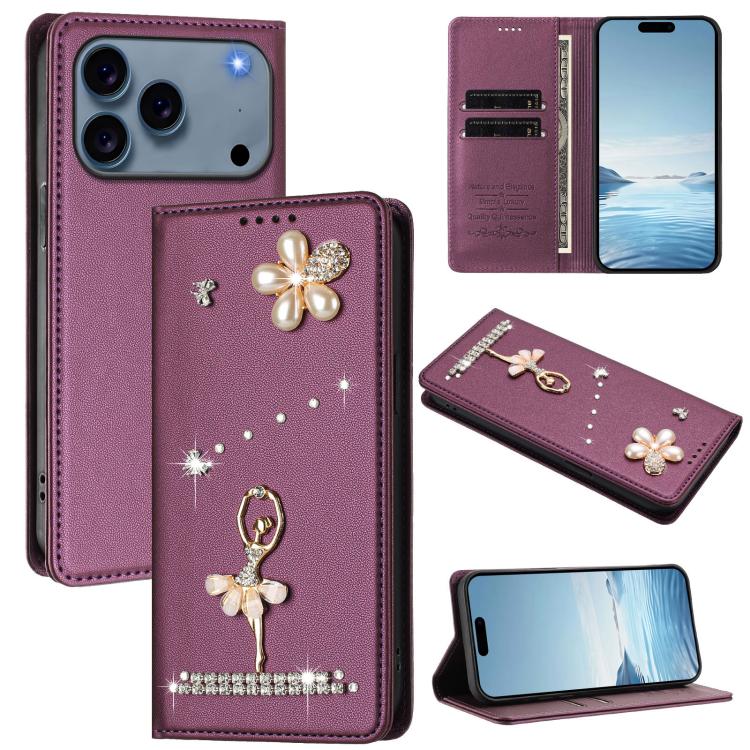Ballet Girl Diamond Studded RFID Vegan Leather Phone Case, For iPhone 17e / 16e, For iPhone 17 Pro Max, For iPhone 17 Pro, For iPhone 17, For iPhone Air, For iPhone 16 Pro Max