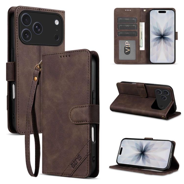 AZNS A2 Series Tri-Card Wallet RFID Vegan Leather Phone Case with Strap, For iPhone 18 Pro, For iPhone 18 Pro Max, For iPhone 17e / 16e, For iPhone 17 Pro Max, For iPhone 17 Pro, For iPhone 17, For iPhone Air, For iPhone 16 Pro Max, For iPhone 16 Pro