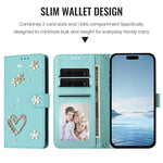 ZS01 Double-Layer Heart Floral Vegan Leather Phone Case with Wrist Strap, For iPhone 16 Pro, For iPhone 16 Plus, For iPhone 16, For iPhone 15 Pro Max, For iPhone 15 Pro, For iPhone 15 Plus