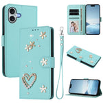 ZS01 Double-Layer Heart Floral Vegan Leather Phone Case with Wrist Strap, For iPhone 16 Pro, For iPhone 16 Plus, For iPhone 16, For iPhone 15 Pro Max, For iPhone 15 Pro, For iPhone 15 Plus