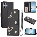 ZS01 Double-Layer Heart Floral Vegan Leather Phone Case with Wrist Strap, For iPhone 16 Pro, For iPhone 16 Plus, For iPhone 16, For iPhone 15 Pro Max, For iPhone 15 Pro, For iPhone 15 Plus
