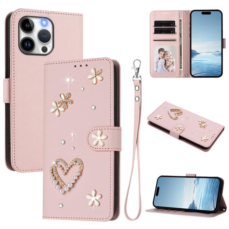 ZS01 Double-Layer Heart Floral Vegan Leather Phone Case with Wrist Strap, For iPhone 16 Pro, For iPhone 16 Plus, For iPhone 16, For iPhone 15 Pro Max, For iPhone 15 Pro, For iPhone 15 Plus