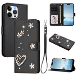 ZS01 Double-Layer Heart Floral Vegan Leather Phone Case with Wrist Strap, For iPhone 16 Pro, For iPhone 16 Plus, For iPhone 16, For iPhone 15 Pro Max, For iPhone 15 Pro, For iPhone 15 Plus
