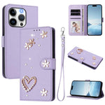 ZS01 Double-Layer Heart Floral Vegan Leather Phone Case with Wrist Strap, For iPhone 16 Pro, For iPhone 16 Plus, For iPhone 16, For iPhone 15 Pro Max, For iPhone 15 Pro, For iPhone 15 Plus