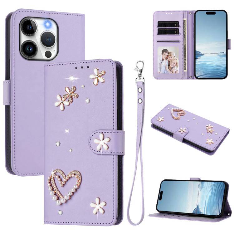ZS01 Double-Layer Heart Floral Vegan Leather Phone Case with Wrist Strap, For iPhone 16 Pro, For iPhone 16 Plus, For iPhone 16, For iPhone 15 Pro Max, For iPhone 15 Pro, For iPhone 15 Plus
