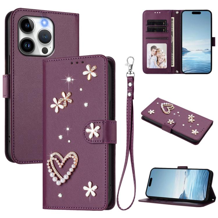 ZS01 Double-Layer Heart Floral Vegan Leather Phone Case with Wrist Strap, For iPhone 16 Pro, For iPhone 16 Plus, For iPhone 16, For iPhone 15 Pro Max, For iPhone 15 Pro, For iPhone 15 Plus
