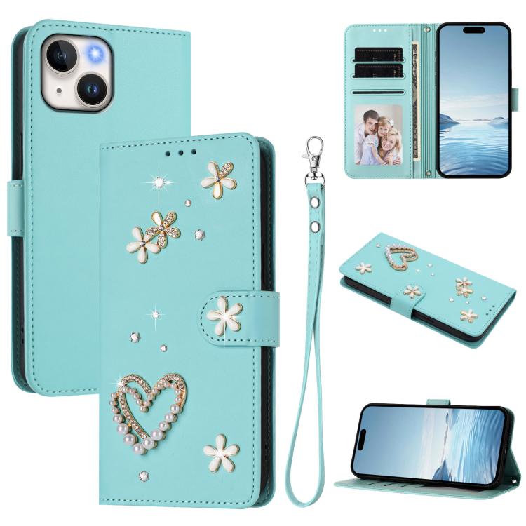 ZS01 Double-Layer Heart Floral Vegan Leather Phone Case with Wrist Strap, For iPhone 15, For iPhone 14 Plus, For iPhone 14 / 13, For iPhone 14 Pro, For iPhone 14 Pro Max, For iPhone 13 Pro Max