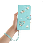 ZS01 Double-Layer Heart Floral Vegan Leather Phone Case with Wrist Strap, For iPhone 15, For iPhone 14 Plus, For iPhone 14 / 13, For iPhone 14 Pro, For iPhone 14 Pro Max, For iPhone 13 Pro Max