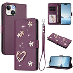ZS01 Double-Layer Heart Floral Vegan Leather Phone Case with Wrist Strap, For iPhone 15, For iPhone 14 Plus, For iPhone 14 / 13, For iPhone 14 Pro, For iPhone 14 Pro Max, For iPhone 13 Pro Max