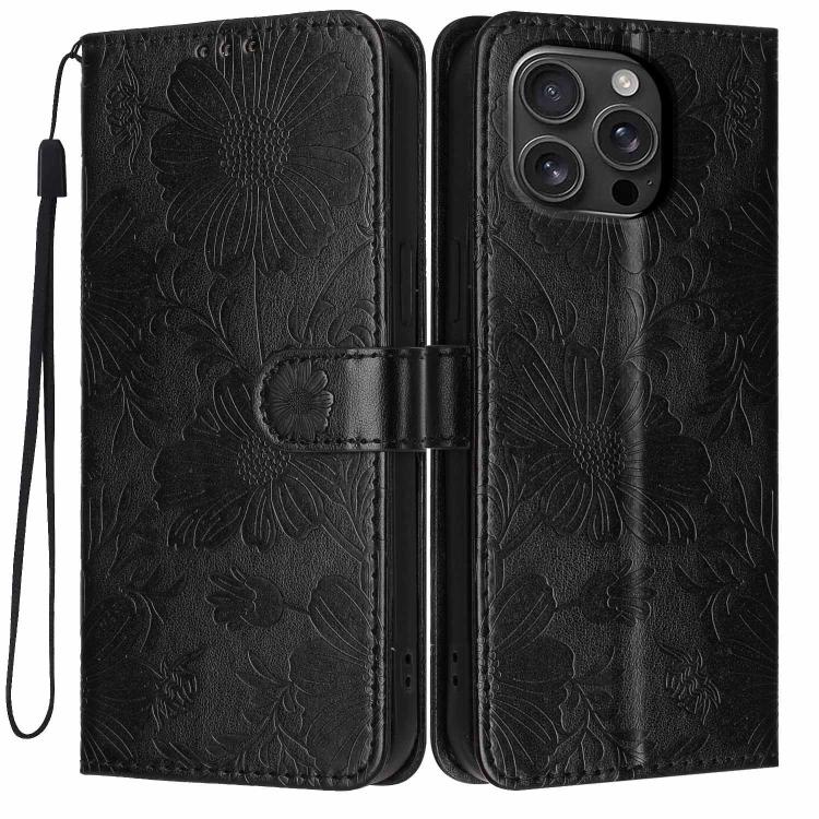 Sunflower Embossed Vegan Leather Phone Case with Small Black Rope, For iPhone 16e / 17e, For iPhone 17 Pro Max, For iPhone 17 Pro, For iPhone 17, For iPhone Air, For iPhone 16 Pro Max, For iPhone 16 Pro, For iPhone 16 Plus