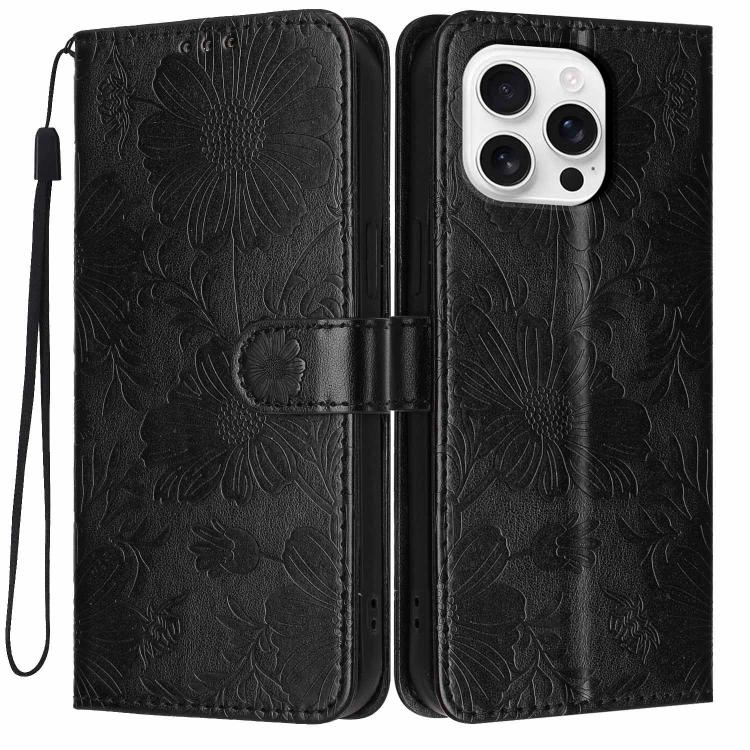 Sunflower Embossed Vegan Leather Phone Case with Small Black Rope, For iPhone 16e / 17e, For iPhone 17 Pro Max, For iPhone 17 Pro, For iPhone 17, For iPhone Air, For iPhone 16 Pro Max, For iPhone 16 Pro, For iPhone 16 Plus