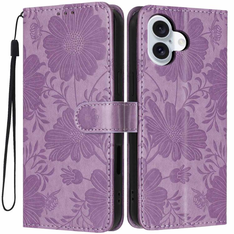 Sunflower Embossed Vegan Leather Phone Case with Small Black Rope, For iPhone 16e / 17e, For iPhone 17 Pro Max, For iPhone 17 Pro, For iPhone 17, For iPhone Air, For iPhone 16 Pro Max, For iPhone 16 Pro, For iPhone 16 Plus