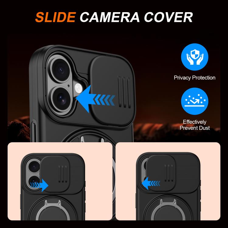 Camera Sliding Shield Magnetic Rotation Holder Phone Case, For iPhone 16 Plus, For iPhone 16, For iPhone 15 Pro Max, For iPhone 15 Pro, For iPhone 15 Plus / 14 Plus, For iPhone 15
