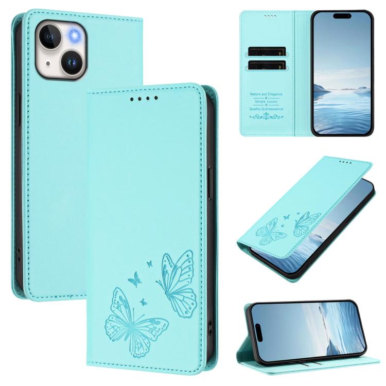 Strong Magnetic Dual Butterfly RFID Vegan Leather Phone Case, For iPhone 15, For iPhone 14 Plus, For iPhone 14 / 13, For iPhone 14 Pro